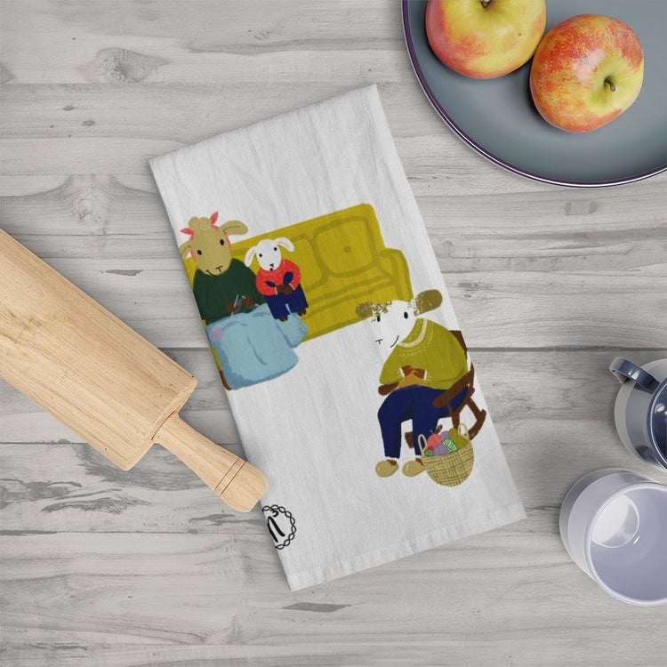 Sheep Activities Tea Towel Knitting Home Decor Printify White 28" × 28"