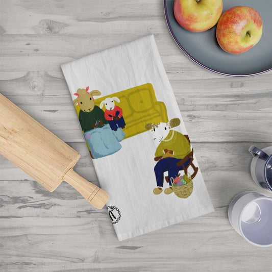 Sheep Activities Tea Towel Knitting Home Decor Printify White 28" × 28" 